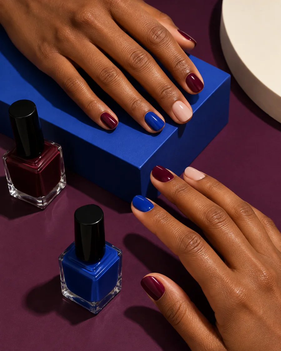 Manos con manicura ciruela, azul y nude junto a esmaltes